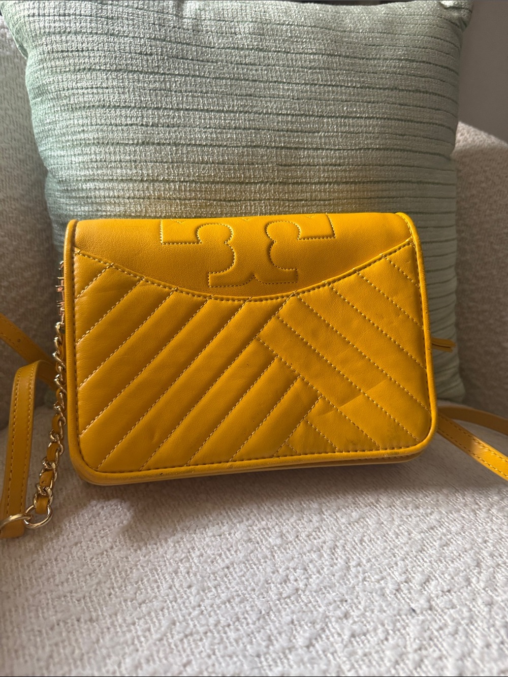 Tory Burch Mustard Quilted Leather Crossbody with Chain Strap